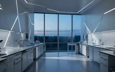 Ein minimalistisches, modernes medizinisches Labor in kühlem Licht mit Fokus auf Architektur und sauberen Oberflächen. - Foto: über boerse-global.de