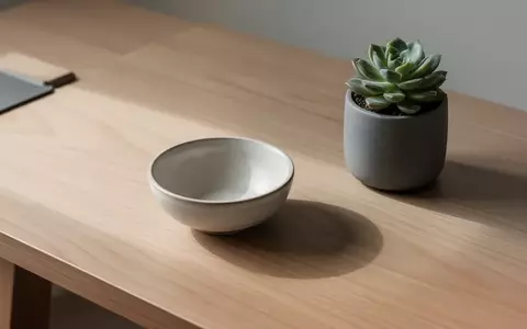 Ein minimalistischer Arbeitsplatz mit einer Holztischoberfläche, einer kleinen Pflanze in einem grauen Topf und natürlichem Licht. - Foto: über boerse-global.de
