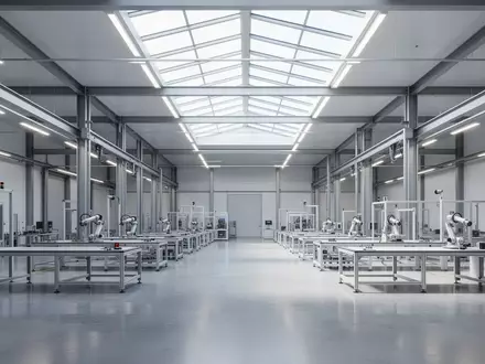 Eine moderne, helle Industriehalle in den USA mit polierten Betonböden und minimalistischer Architektur für die Fertigung. - Foto: über boerse-global.de