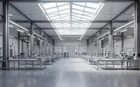 Eine moderne, helle Industriehalle in den USA mit polierten Betonböden und minimalistischer Architektur für die Fertigung. - Foto: über boerse-global.de