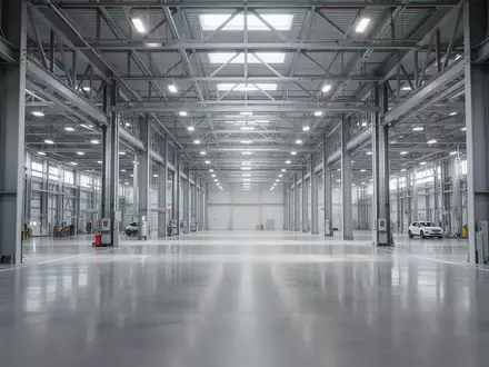Eine weitläufige, moderne industrielle Fertigungshalle mit poliertem Industrieboden und stählernen Stützpfeilern. - Foto: über boerse-global.de