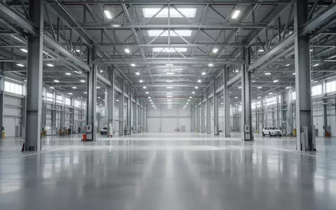 Eine weitläufige, moderne industrielle Fertigungshalle mit poliertem Industrieboden und stählernen Stützpfeilern. - Foto: über boerse-global.de