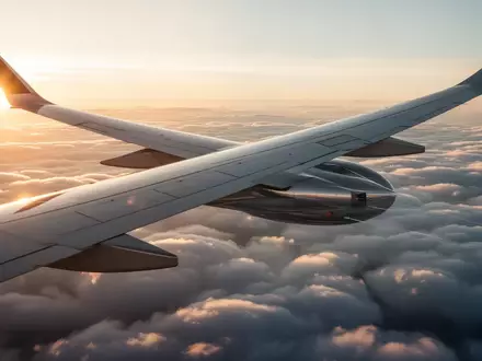 Ein moderner Verkehrsflugzeugflügel über einem Wolkenmeer im goldenen Sonnenlicht. - Foto: über boerse-global.de