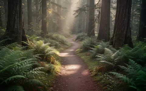 Ein gewundener Waldweg umgeben von Farnen und Bäumen im weichen Morgenlicht, der Ruhe und Bewegung symbolisiert. - Foto: über boerse-global.de