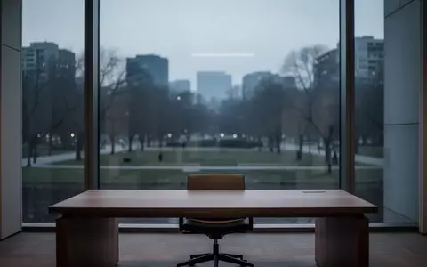 Ein minimalistischer, leerer Büroarbeitsplatz in der Abenddämmerung mit Blick auf einen ruhigen Park. - Foto: über boerse-global.de