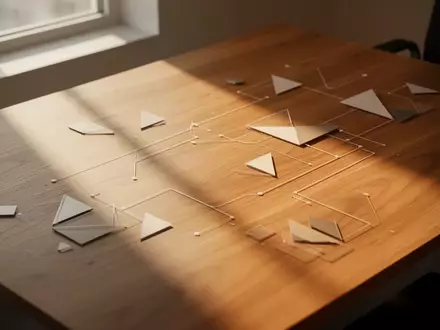 Ein minimalistischer, moderner Arbeitsplatz mit einer Holzoberfläche und abstrakten geometrischen Formen bei natürlichem Licht. - Foto: über boerse-global.de