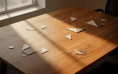 Ein minimalistischer, moderner Arbeitsplatz mit einer Holzoberfläche und abstrakten geometrischen Formen bei natürlichem Licht. - Foto: über boerse-global.de