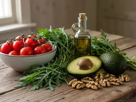 Frische mediterrane Zutaten wie Tomaten, Rucola, Avocado, Olivenöl und Nüsse auf einem Holztisch. - Foto: über boerse-global.de