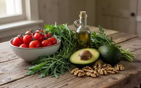 Frische mediterrane Zutaten wie Tomaten, Rucola, Avocado, Olivenöl und Nüsse auf einem Holztisch. - Foto: über boerse-global.de