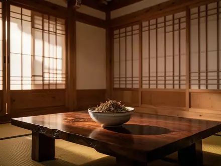 Ein minimalistischer, traditioneller koreanischer Raum mit warmem Tageslicht, Holzmöbeln und einer Schale mit Heilkräutern. - Foto: über boerse-global.de