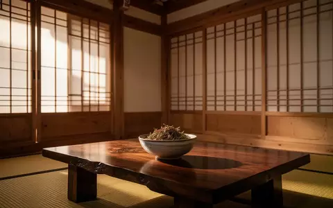 Ein minimalistischer, traditioneller koreanischer Raum mit warmem Tageslicht, Holzmöbeln und einer Schale mit Heilkräutern. - Foto: über boerse-global.de