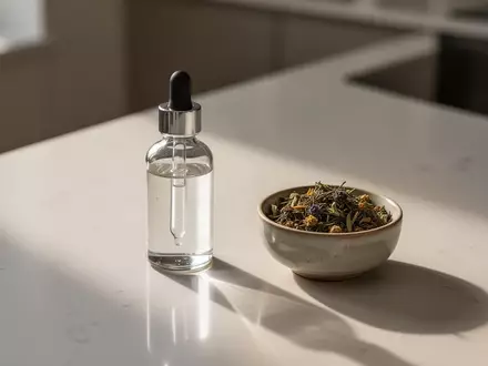 Ein minimalistischer Küchentresen mit einer Glasflasche und einer Schale mit Kräutern in natürlichem Licht. - Foto: über boerse-global.de