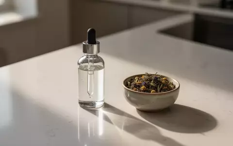 Ein minimalistischer Küchentresen mit einer Glasflasche und einer Schale mit Kräutern in natürlichem Licht. - Foto: über boerse-global.de