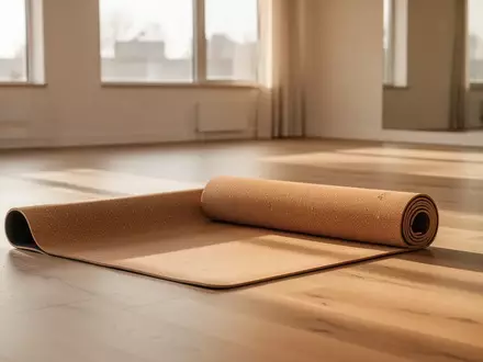 Eine leere, aufgerollte Yogamatte aus Kork in einem hellen, sonnendurchfluteten Raum mit Holzboden. - Foto: über boerse-global.de