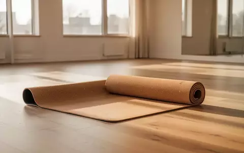 Eine leere, aufgerollte Yogamatte aus Kork in einem hellen, sonnendurchfluteten Raum mit Holzboden. - Foto: über boerse-global.de