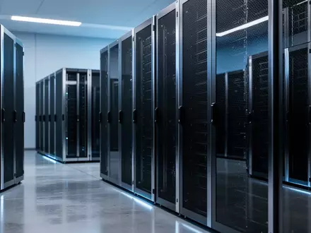 Ein minimalistischer, modern gestalteter Serverraum mit dunklen, metallischen Kühlschränken und kühler blauer Beleuchtung. - Foto: über boerse-global.de