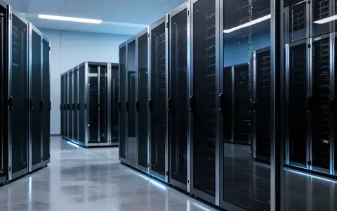 Ein minimalistischer, modern gestalteter Serverraum mit dunklen, metallischen Kühlschränken und kühler blauer Beleuchtung. - Foto: über boerse-global.de