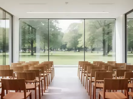 Ein heller, minimalistischer Seminarraum mit leeren Stühlen und großen Fenstern, die den Blick ins Grüne freigeben. - Foto: über boerse-global.de