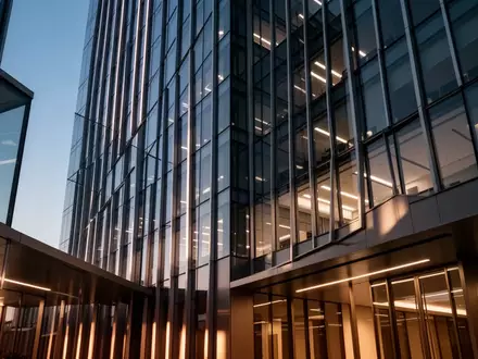 Ein minimalistisches, modernes Bürogebäude aus Glas und Stahl in der Abenddämmerung. - Foto: über boerse-global.de