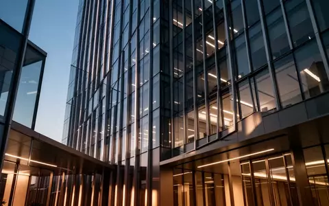 Ein minimalistisches, modernes Bürogebäude aus Glas und Stahl in der Abenddämmerung. - Foto: über boerse-global.de
