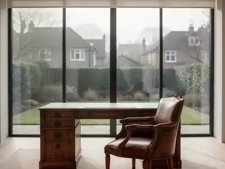 Ein minimalistisches, lichtdurchflutetes Arbeitszimmer mit einem antiken Schreibtisch und Blick in einen Garten. - Foto: über boerse-global.de