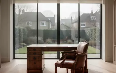 Ein minimalistisches, lichtdurchflutetes Arbeitszimmer mit einem antiken Schreibtisch und Blick in einen Garten. - Foto: über boerse-global.de