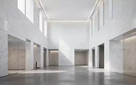 Modernes, minimalistisches Architektur-Interieur eines Finanzgebäudes mit hellen Marmorwänden und natürlichem Lichteinfall. - Foto: über boerse-global.de