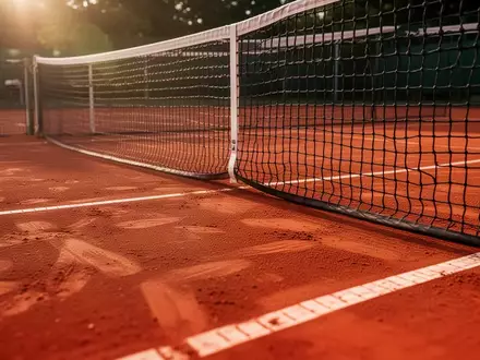 Ein roter Sandplatz mit einem gespannten Tennisnetz im warmen Licht der Nachmittagssonne. - Foto: über boerse-global.de