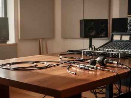 Ein minimalistischer Arbeitsbereich mit professioneller Audiotechnik und Kabeln in natürlichem Licht. - Foto: über boerse-global.de