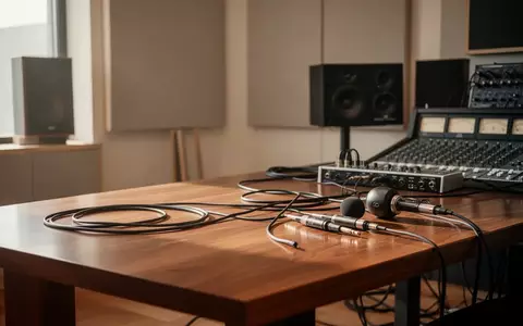 Ein minimalistischer Arbeitsbereich mit professioneller Audiotechnik und Kabeln in natürlichem Licht. - Foto: über boerse-global.de