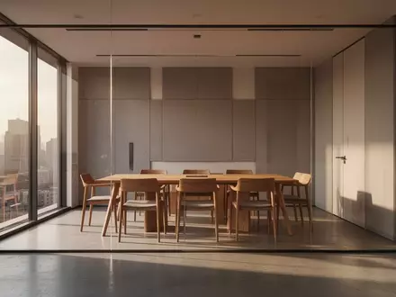 Ein moderner, minimalistischer Konferenzraum mit Holztischen und großen Fensterfronten in einem Bürogebäude. - Foto: über boerse-global.de
