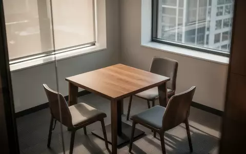 Ein minimalistisch eingerichteter Aufenthaltsraum in einem Büro mit einem Holztisch und Stühlen bei Tageslicht. - Foto: über boerse-global.de
