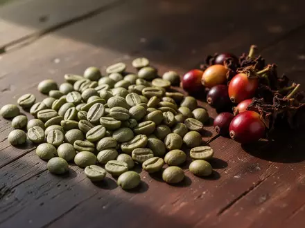 Nahaufnahme von rohen, grünen Kaffeebohnen und Kaffeekirschen auf einem hölzernen Untergrund. - Foto: über boerse-global.de