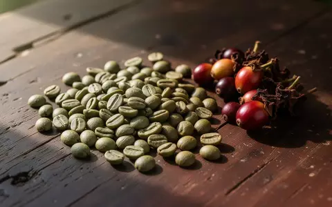 Nahaufnahme von rohen, grünen Kaffeebohnen und Kaffeekirschen auf einem hölzernen Untergrund. - Foto: über boerse-global.de