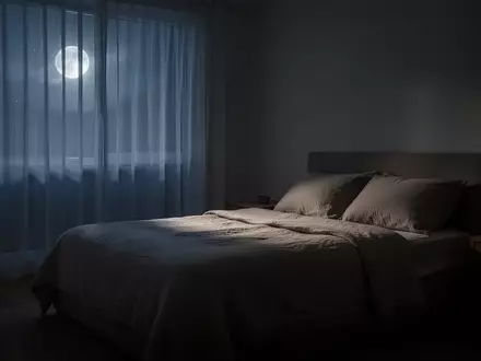 Ein minimalistisch eingerichtetes Schlafzimmer bei Nacht mit sanftem Mondlicht, das durch die Vorhänge fällt. - Foto: über boerse-global.de