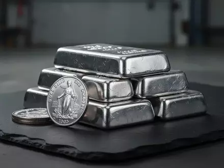 Silberbarren und Anlagemünzen auf einem dunklen Steinhintergrund bei gedimmtem, stimmungsvollem Licht. - Foto: über boerse-global.de