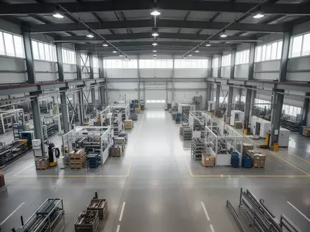 Weitläufige, moderne Industriehalle mit klar strukturierten Produktionsbereichen und hohen Decken in einer Fabrik. - Foto: über boerse-global.de