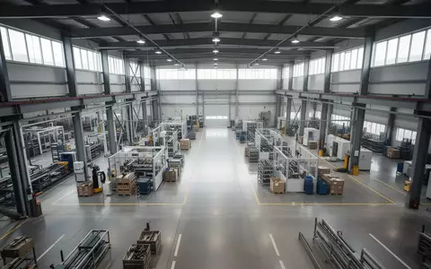 Weitläufige, moderne Industriehalle mit klar strukturierten Produktionsbereichen und hohen Decken in einer Fabrik. - Foto: über boerse-global.de