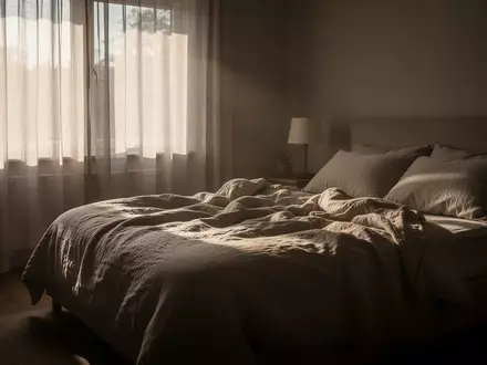Ein ungemachtes Bett in einem dezent beleuchteten Schlafzimmer am frühen Morgen bei natürlichem Lichteinfall. - Foto: über boerse-global.de