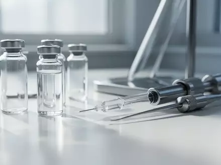 Nahaufnahme von klinischen Laborinstrumenten und Glasgefäßen auf einer sauberen, weißen Oberfläche in einer sterilen Umgebung. - Foto: über boerse-global.de