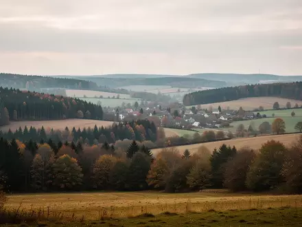 Weite, ländliche Hügellandschaft im Werra-Meißner-Kreis mit Feldern und Wäldern unter einem bewölkten Himmel. - Foto: über boerse-global.de