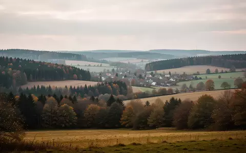 Weite, ländliche Hügellandschaft im Werra-Meißner-Kreis mit Feldern und Wäldern unter einem bewölkten Himmel. - Foto: über boerse-global.de