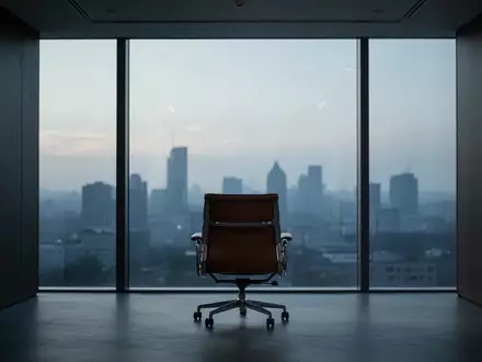 Ein einsamer, leerer Büroarbeitsplatz in der Dämmerung mit Blick auf eine städtische Kulisse. - Foto: über boerse-global.de