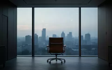 Ein einsamer, leerer Büroarbeitsplatz in der Dämmerung mit Blick auf eine städtische Kulisse. - Foto: über boerse-global.de