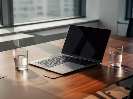 Ein moderner, minimalistischer Büroarbeitsplatz mit Laptop auf einem Holztisch bei natürlichem Tageslicht. - Foto: über boerse-global.de