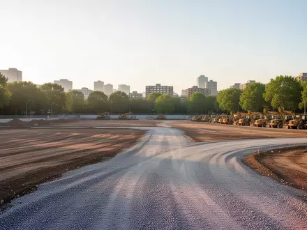 Ein weitläufiges, unbebautes städtisches Erschließungsgebiet mit planiertem Boden und Baustellenelementen im frühen Morgenlicht. - Foto: über boerse-global.de