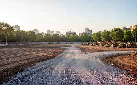 Ein weitläufiges, unbebautes städtisches Erschließungsgebiet mit planiertem Boden und Baustellenelementen im frühen Morgenlicht. - Foto: über boerse-global.de