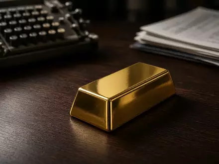 Ein einzelner Goldbarren auf einem dunklen Schreibtisch mit unscharfen Finanzunterlagen im Hintergrund. - Foto: ĂĽber boerse-global.de