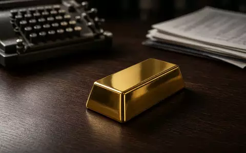 Ein einzelner Goldbarren auf einem dunklen Schreibtisch mit unscharfen Finanzunterlagen im Hintergrund. - Foto: über boerse-global.de