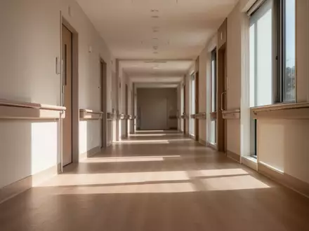 Ein heller, minimalistischer Flur in einer modernen Pflegeeinrichtung mit Holzboden und neutralen Wänden. - Foto: über boerse-global.de